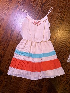 fab'rik Cream Dress with Coral and Aqua Stripes